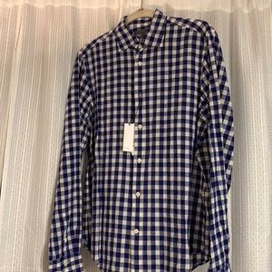 Vince linen blend check button down coastal Blue